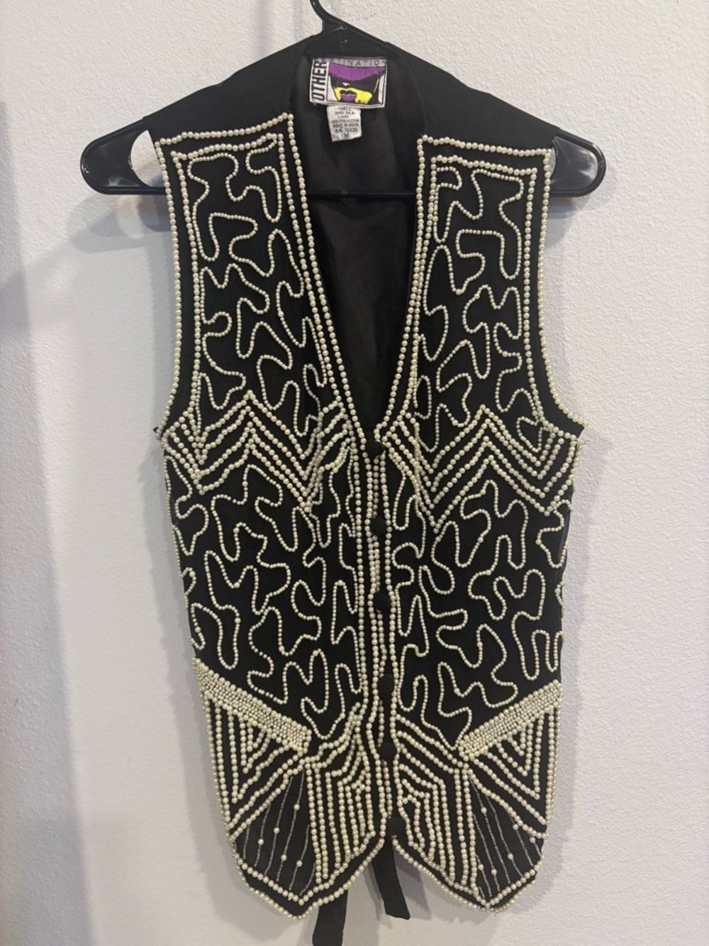 Vintage Other Destination 100% silk black beaded ivory pearl vest M